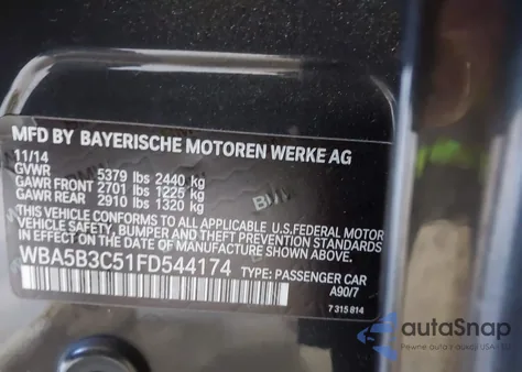 2015 BMW 535I xDrive из США, поврежденный, VIN WBA5B3C51FD544174